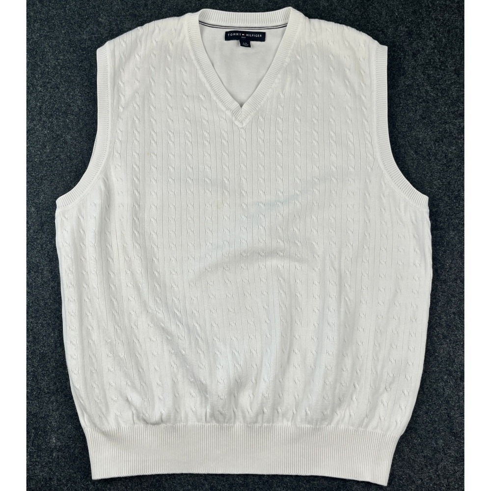 Tommy Hilfiger Golf Mens Large White Cable Knit V-Neck Sweater Vest Preppy